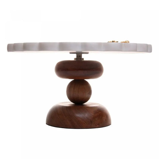 PRATO PARA BOLO COM PE DE MADEIRA 28CM X 16,5CM MARMORE WOLFF