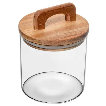 POTE DE VIDRO COM TAMPA DE ACACIA 700ML