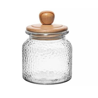 POTE DE VIDRO MARTELADO COM TAMPA DE BAMBU 640ML