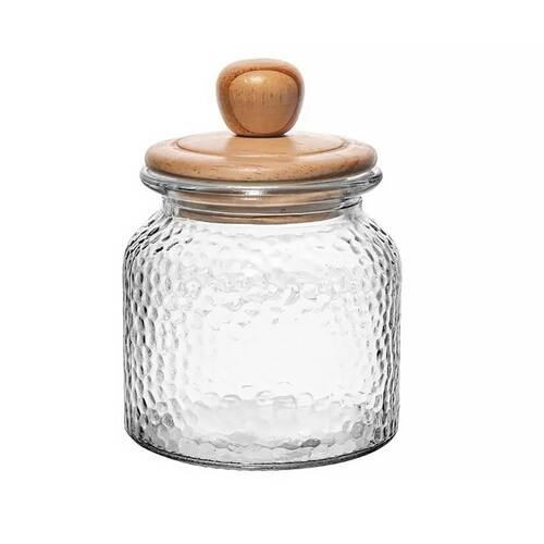 POTE DE VIDRO MARTELADO COM TAMPA DE BAMBU 640ML