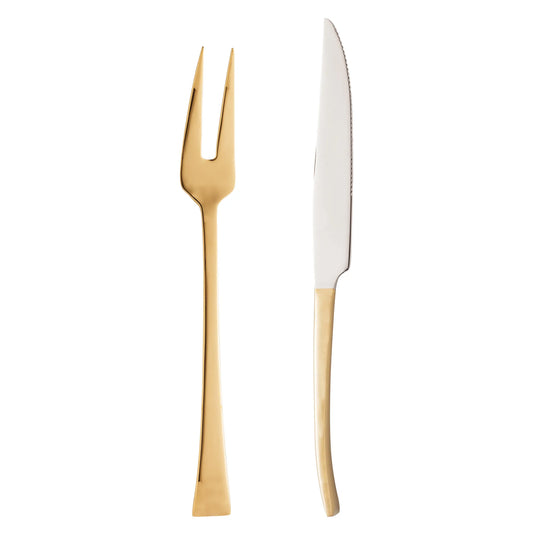 CJ 2PC FACA E GARFO ACO INOX P/ASSADO BERNA DOURADO