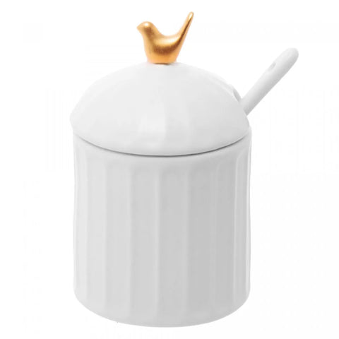 ACUCAREIRO DE CERAMICA COLIBRI COM COLHER E TAMPA BRANCO 7CM X 7CM X 10,5CM