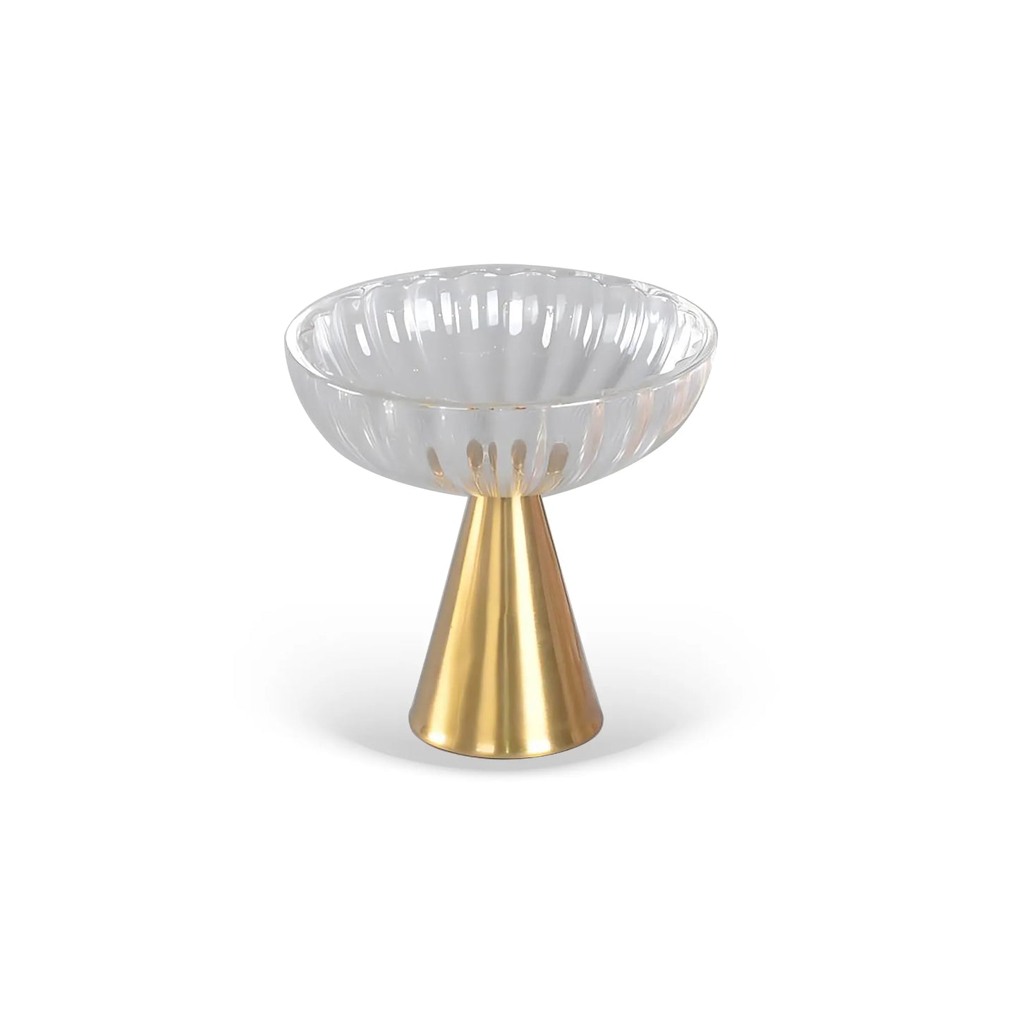 CENTRO DE MESA EM METAL E VIDRO TRANSPARENTE E DOURADO