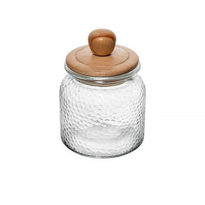 POTE DE VIDRO MARTELADO COM TAMPA DE BAMBU 640ML