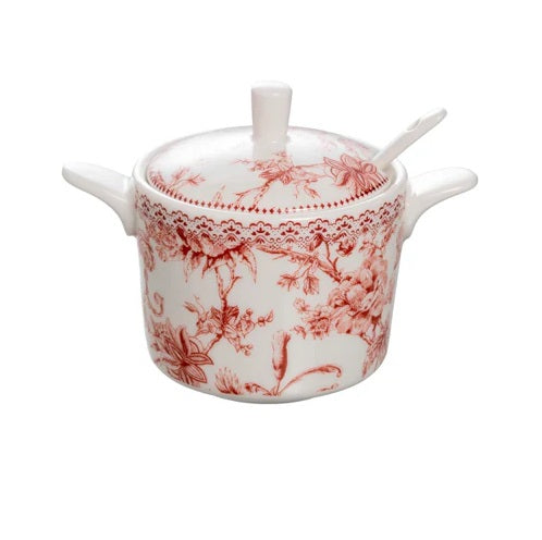 Açucareiro Hortênsia em new bone china com colher 280ml D14,2xA10,6cm bordô