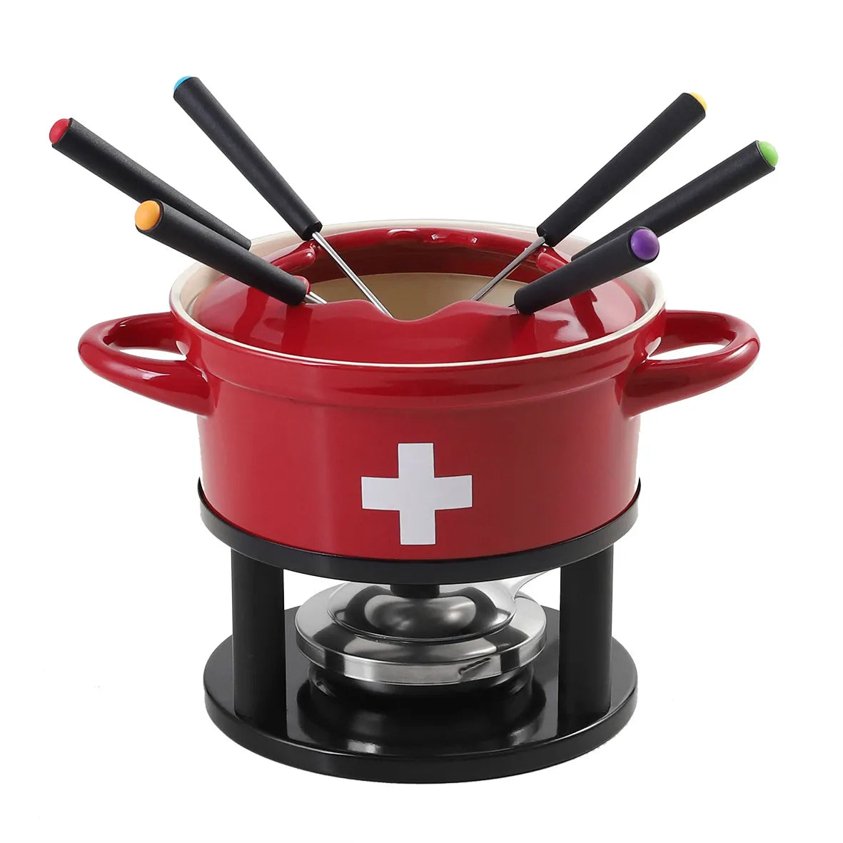 JOGO PARA FONDUE COM 11 PECAS SENDO 1 PANELA PARA FONDUE EM CERAMICA 1 SUPORTE T