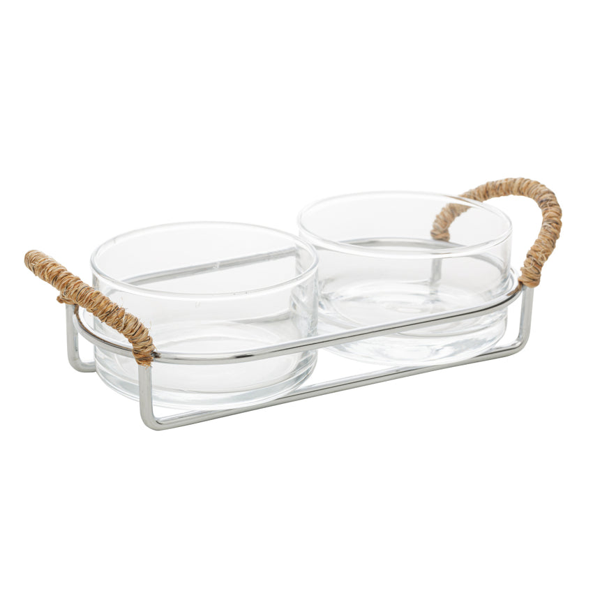 Petisqueira Dupla de Vidro com Suporte e Alça em Sisal Nature - DoceLar Loja