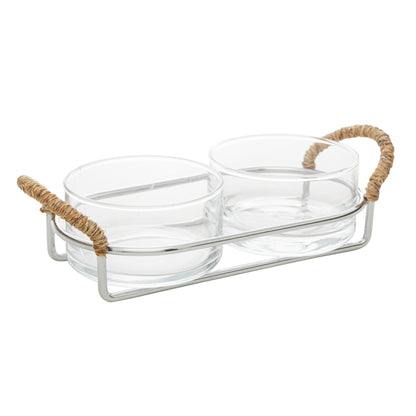 Petisqueira Dupla de Vidro com Suporte e Alça em Sisal Nature - DoceLar Loja
