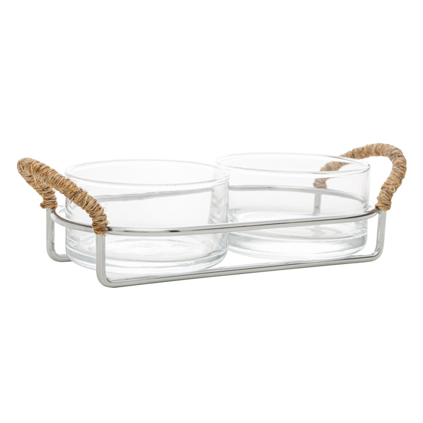 Petisqueira Dupla de Vidro com Suporte e Alça em Sisal Nature - DoceLar Loja