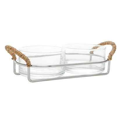Petisqueira Dupla de Vidro com Suporte e Alça em Sisal Nature - DoceLar Loja