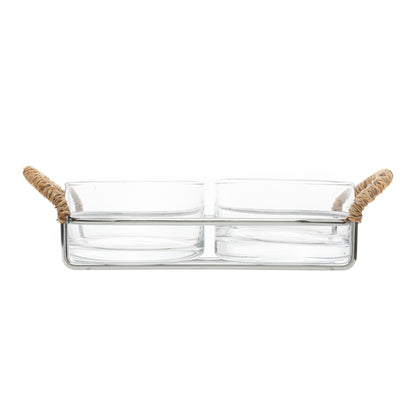 Petisqueira Dupla de Vidro com Suporte e Alça em Sisal Nature - DoceLar Loja