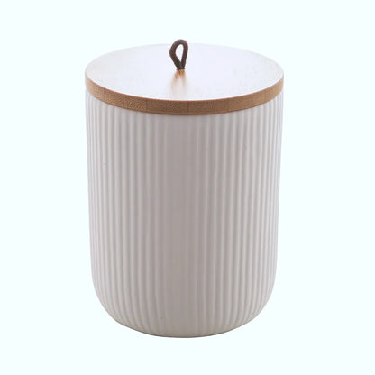 Pote de Ceramica c/Tampa de Bambu Lines Branco-G - DoceLar Loja