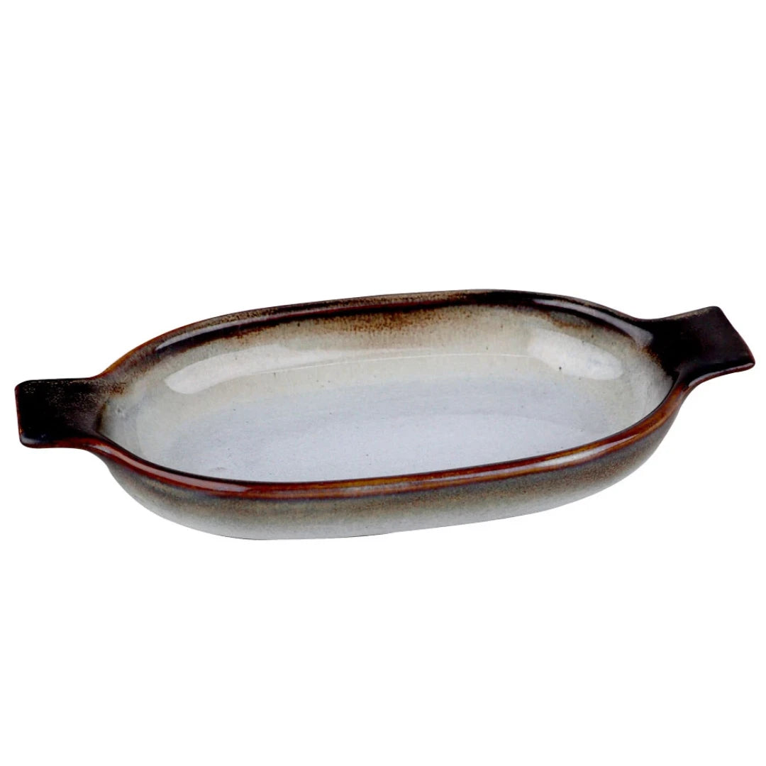 Travessa Oval em Faiança com Alça Branca e Marrom - DoceLar Loja