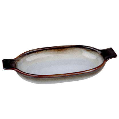 Travessa Oval em Faiança com Alça Branca e Marrom - DoceLar Loja