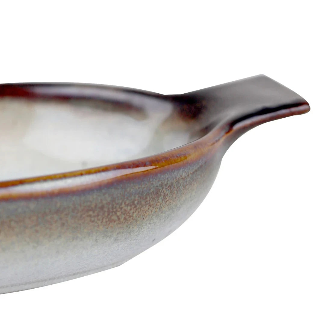 Travessa Oval em Faiança com Alça Branca e Marrom - DoceLar Loja