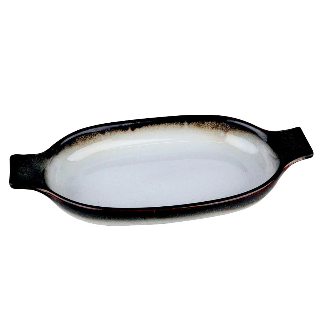Travessa Oval em Faiança com Alça Branco e Marrom - DoceLar Loja
