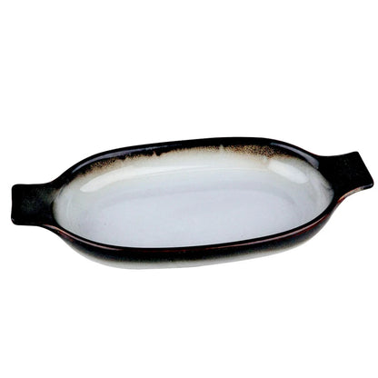 Travessa Oval em Faiança com Alça Branco e Marrom - DoceLar Loja