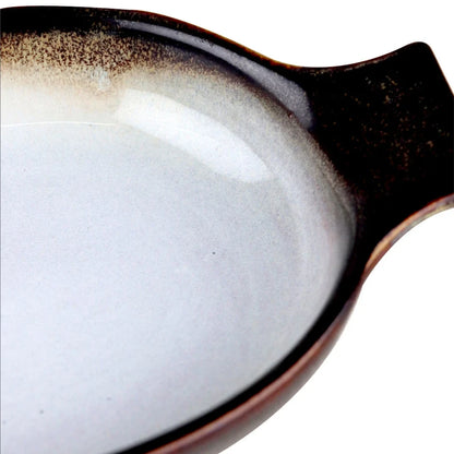 Travessa Oval em Faiança com Alça Branco e Marrom - DoceLar Loja