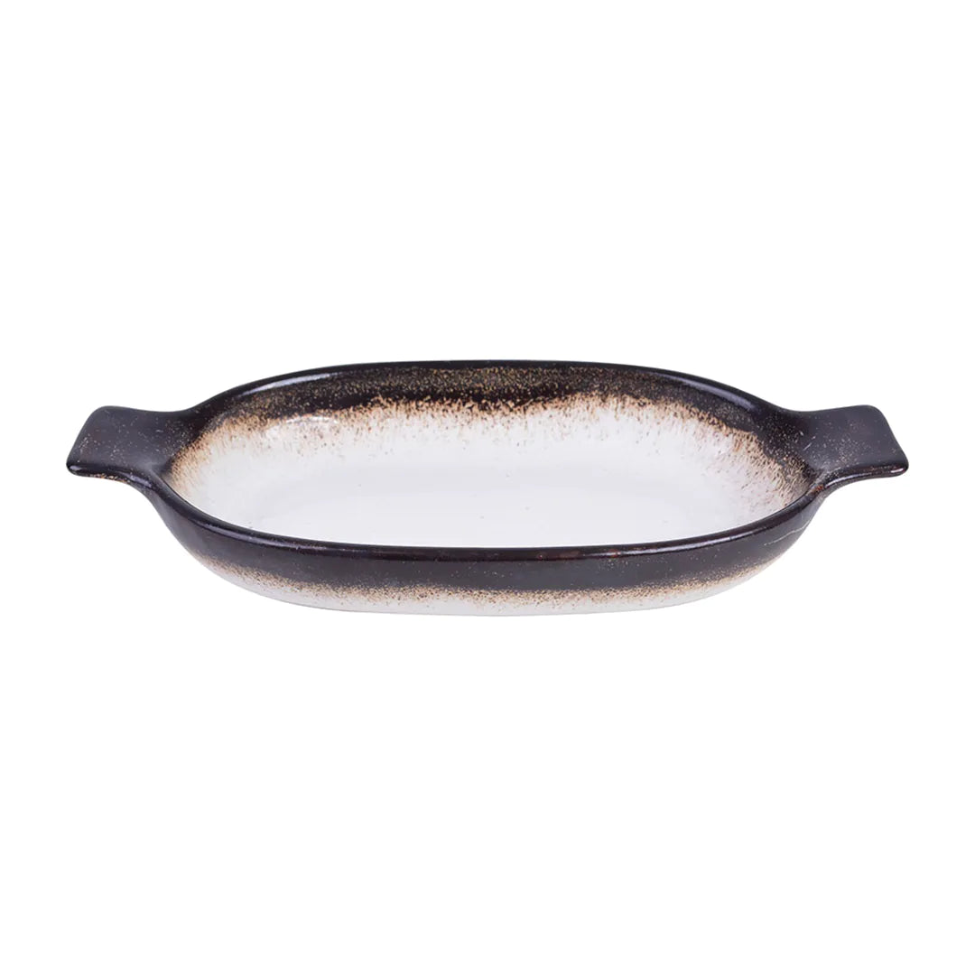 Travessa Oval em Faiança com Alça Branca e Marrom - DoceLar Loja