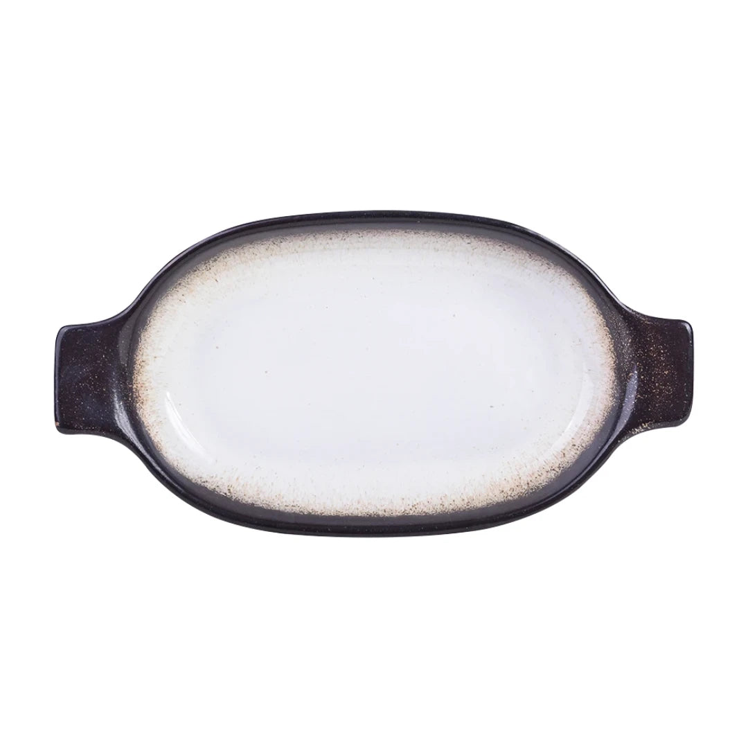 Travessa Oval em Faiança com Alça Branco e Marrom - DoceLar Loja
